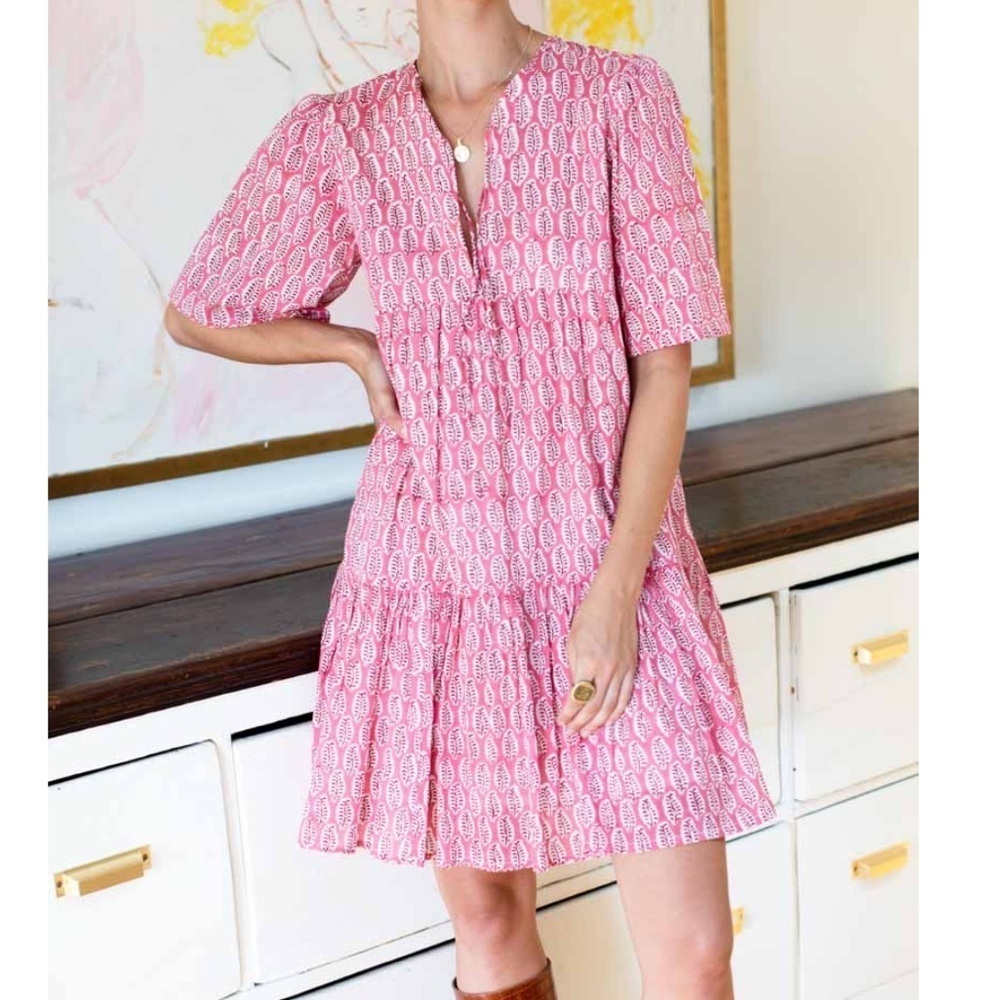 Emerson Fry  Floral A-Line Dress Pink White Short Puff Sleeve Ruffle XS/S - Picture 4 of 5